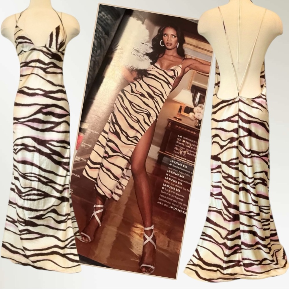 🌺SOLD🌺Victoria’s Secret Silk Ivory Pink Tan Tiger Striped Maxi Gown Slip Dress L - Picture 7 of 10